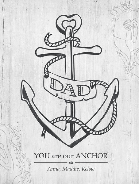 Close up of Dad, Your Are Our Anchor print. Black and White. Personalize it with your names.