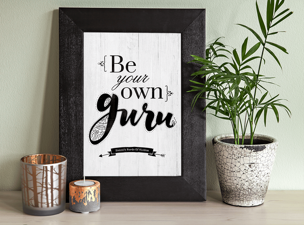 yoga room with a framed Be Your Own Guru personalized print