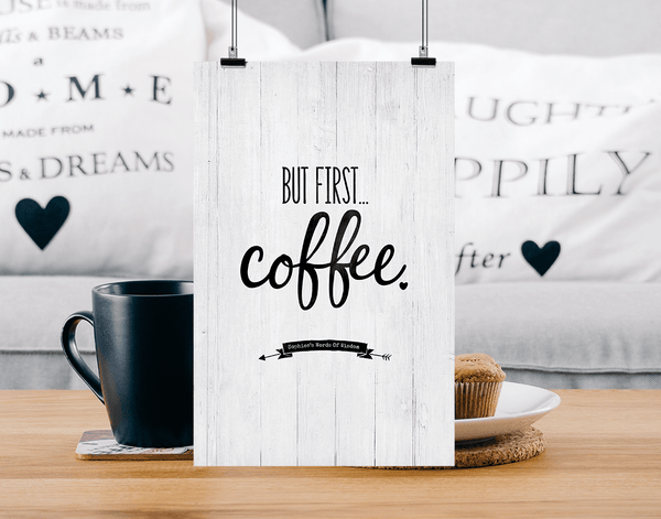 Modern farmhouse home with But First Coffee personalized print