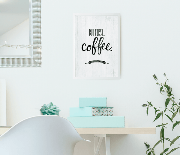 Modern chic office with teal accents and a But First Coffee personalized print framed on the wall