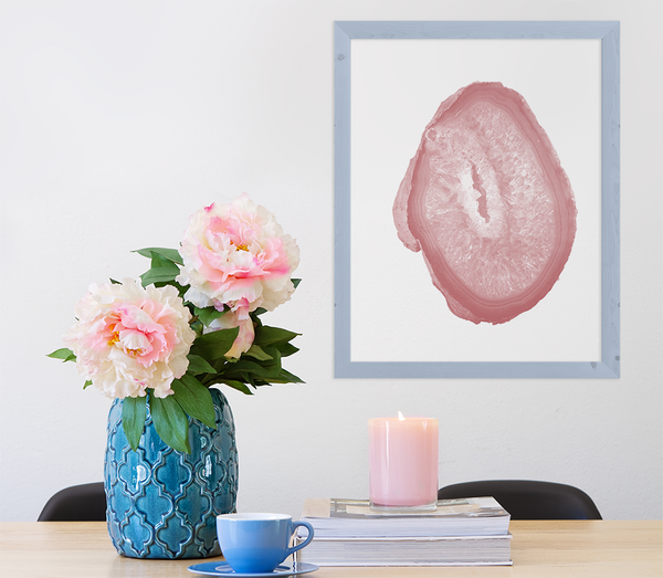 Agate crystal image in soft rose tones in a dining room setting