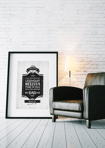 modern room with brick wall and leather armchair with the Cheers personalized poster in a matted frame.