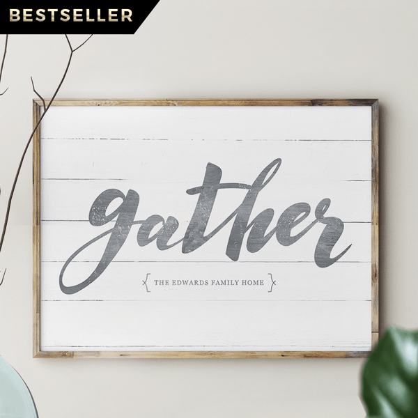 Gather personalized print. Add your family name to this rustic farmhouse style print.