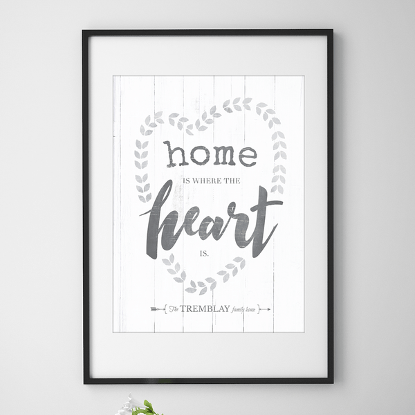 Vintage looking personalized print with words "home is where the heart is" and a family name underneath.