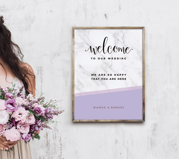 MarbleKlass - Lilacs Personalized Wedding Print next to bride with lilac bouquet