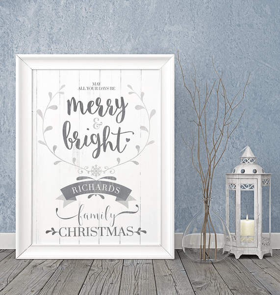 Merry & Bright personalized print framed in a rustic holiday room