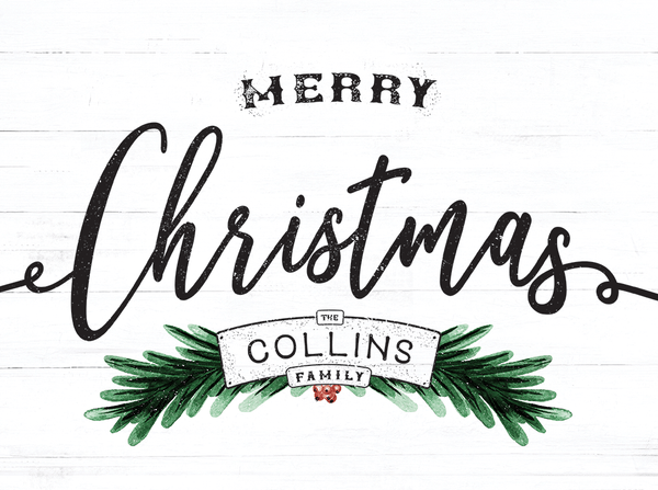 personalized sign with words Merry Christmas and customized with the family name