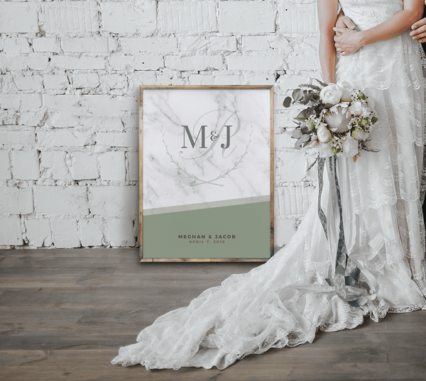 MK Olive Wedding Personalized Print next to a bride at a rustic wedding