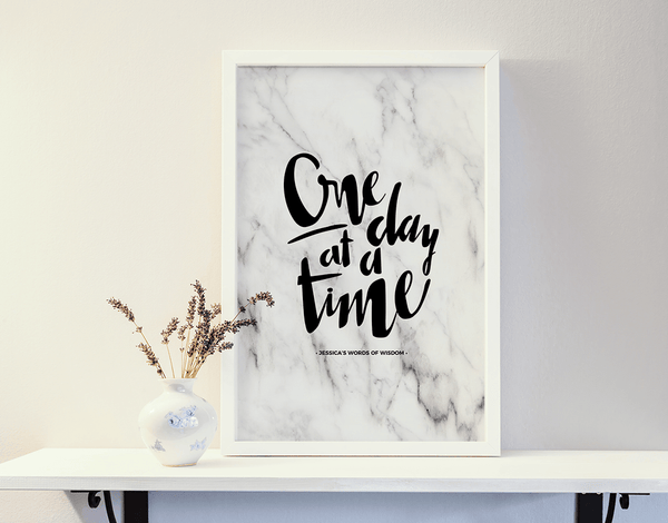 One Day At A Time Personalized Print in a white frame on a shelf