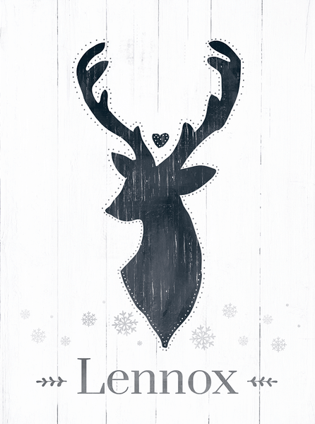 preview of the Reindeer personalized print. A drawing of a reindeer with a heart personalized with the family name.
