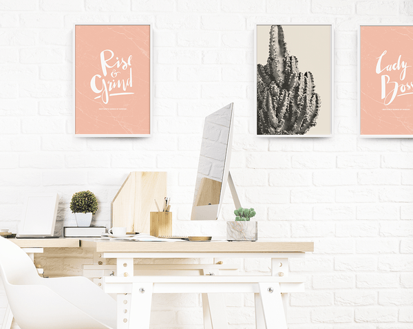 blush workspace decor with Rise & Grind personalized print in blush marble