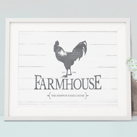 Rustic image of a rooster with large Farmhouse type underneath. Personalize it with your family name and EST date.