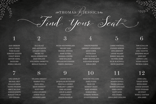 Chalkboard Seating Chart Personalized Print with numbered tables