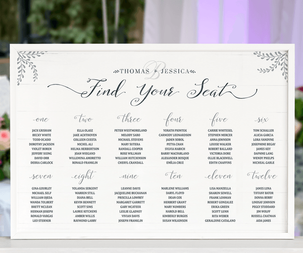 Rustic Seating Chart Personalized Print displayed at a wedding reception