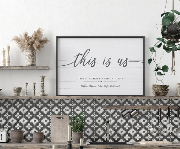 boho kitchen displaying a framed This Is Us personalized print