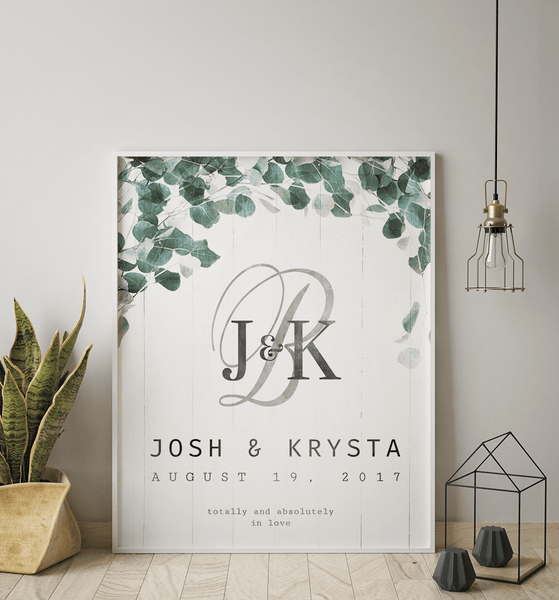 Modern Boho styled room with a framed Totally & Absolutely personalized wedding print