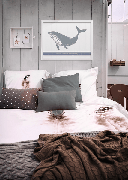 Rustic beach home interior with a personalized whale print