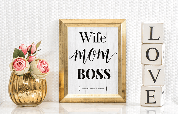 Wife Mom Boss personalized print  in a gold frame on a chic office shelf