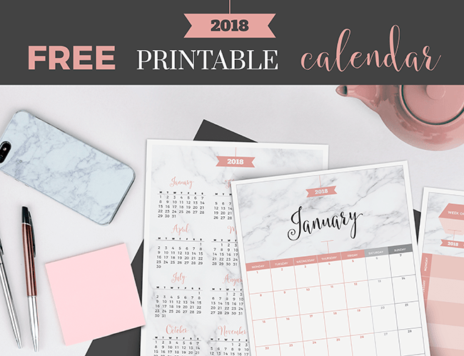 2018 FREE Marble & Blush Printable Calendar