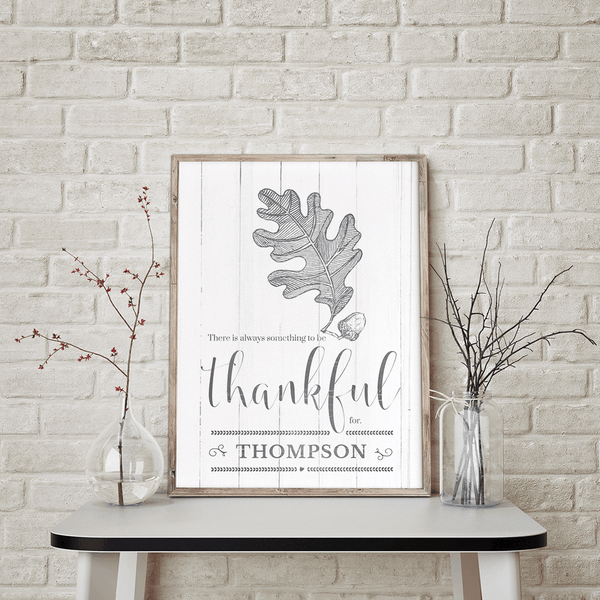 rustic room with a framed Always Thankful personalized print