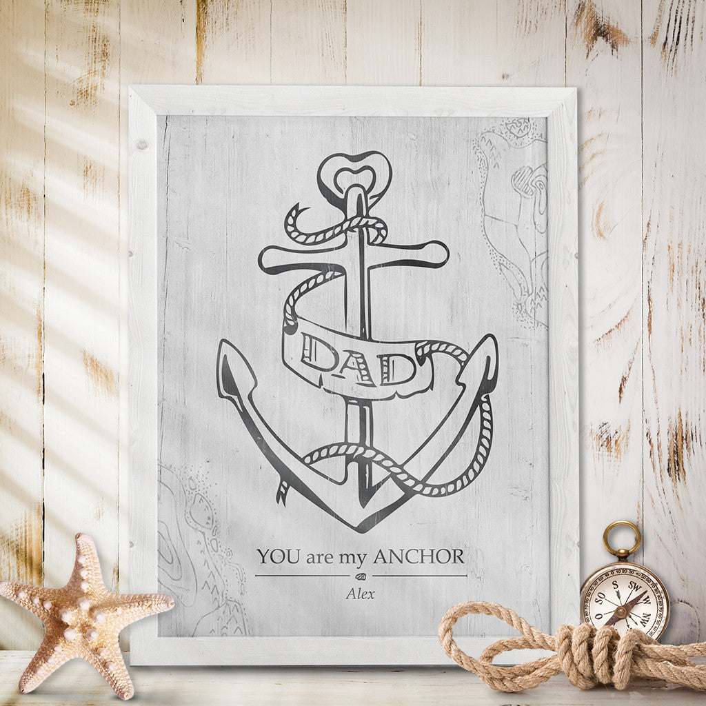 Print with a hand drawn anchor with "dad banner" wrapped around it. The caption says "you are my anchor". Personalize it with your name.