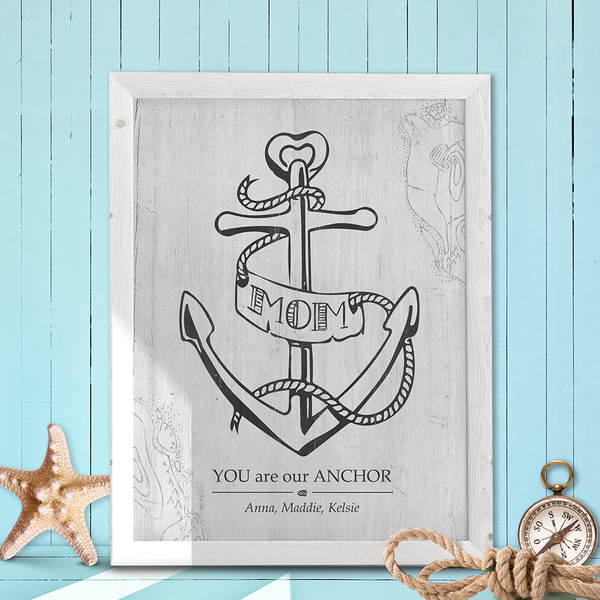 rustic, coastal room with a framed Mom You Are Our Anchor print