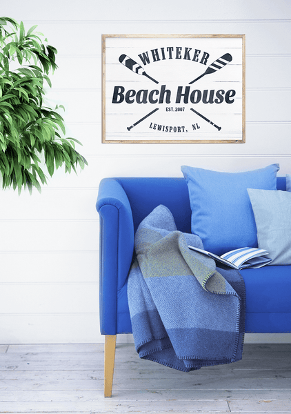 Beautiful nautical room with a framed Beach House personalized print