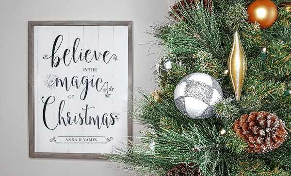 Believe Personalized Print displayed next to a Christmas tree in a farmhouse home