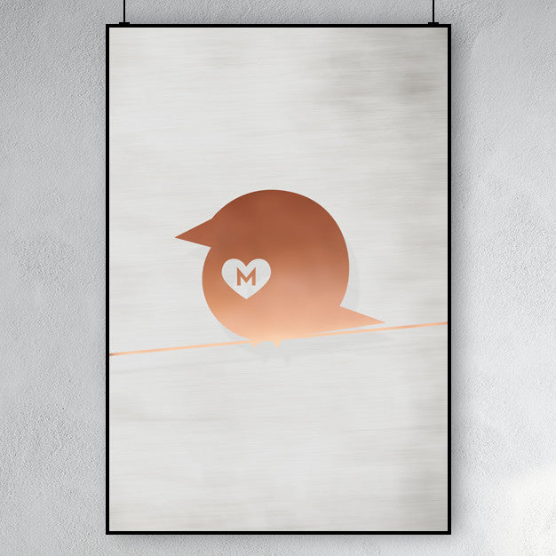 Copper Chirp poster - bird on a line with a heart and customizable letter