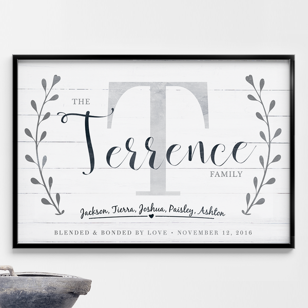 Blended Family personalized print. Add your family name and initial plus all first names. Below, it states "blended & bonded by love" and you can add the wedding date next to this print.