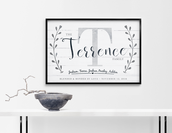 modern rustic room with Blended Family personalized print framed on the wall