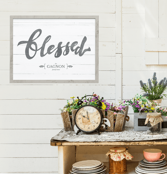 "Blessed" print. Rustic style art that can be personalized with our family name.