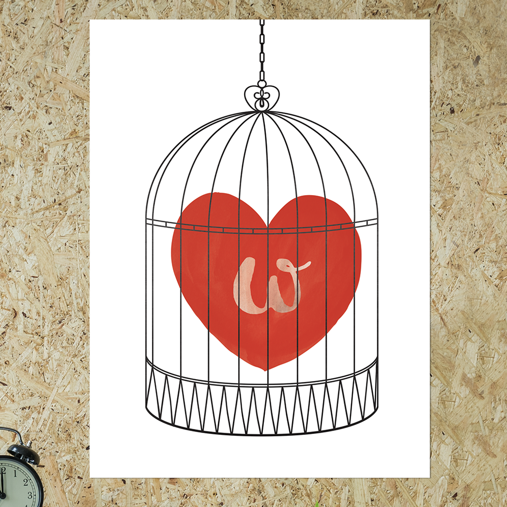 watercolor red heart in a bird cage. have an initial set in the heart. 