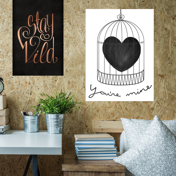 "you're mine" handwriting with a caged heart in a modern teenager's room