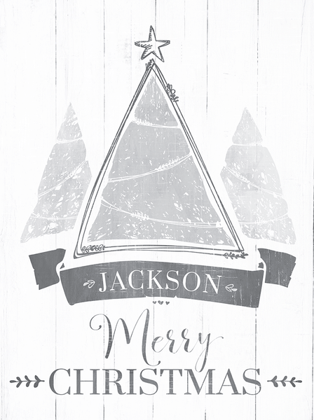 preview of the Christmas Tree personalized print. Artwork with 3 trees and a star. Personalized with family name and message Merry Christmas