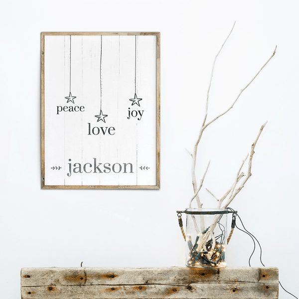 rustic, nordic style art with words: peace, love, joy and personalized with family name