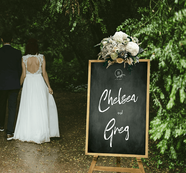 Crest & Brush On Chalkboard Personalized Print at an outdoor wedding