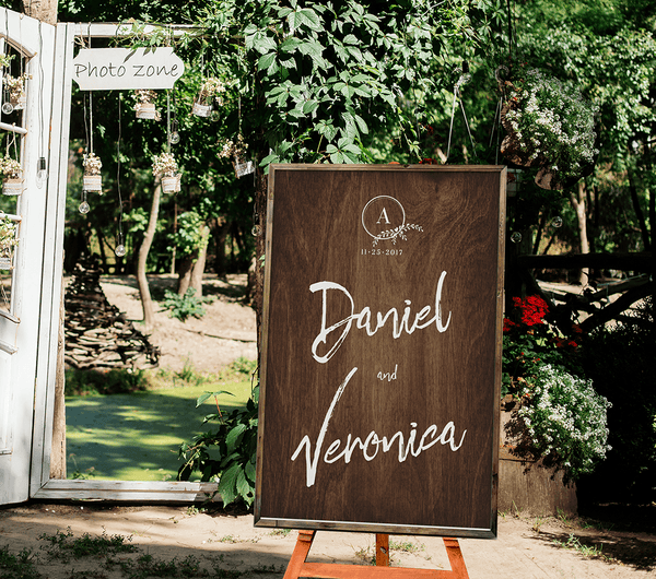 Crest & Brush On Wood Personalized Print at an outdoor wedding