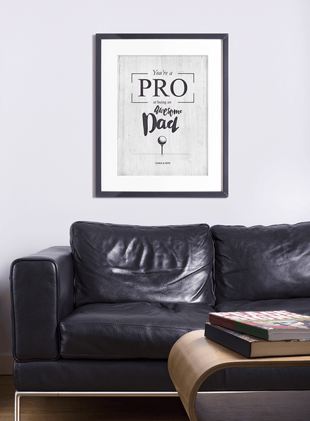 masculine living room with You're A Pro poster on the wall.