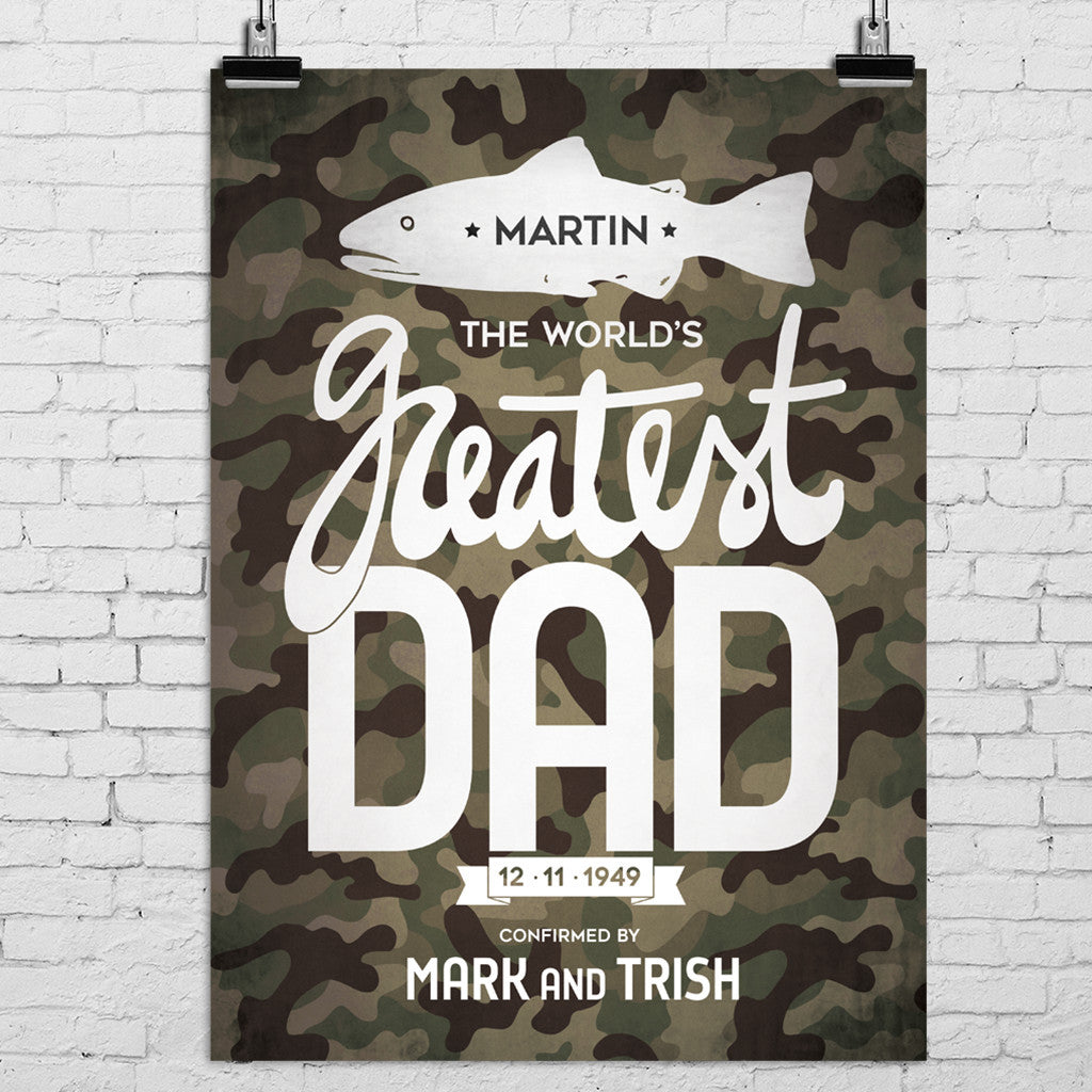 Fishing, hunting theme poster for dad with camouflage style and personalizations