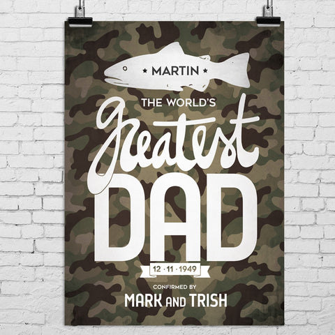 Fishing, hunting theme poster for dad with camouflage style and personalizations