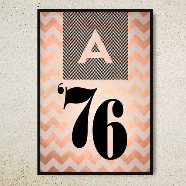 Your date and initials set in black against a copper chevron background on this poster.