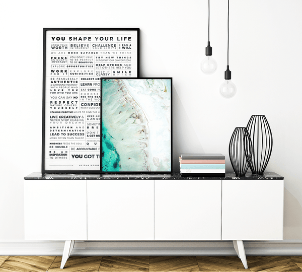Manifesto Grid Personalized Print in a modern room together with the Ebb Print from Expressions Collection