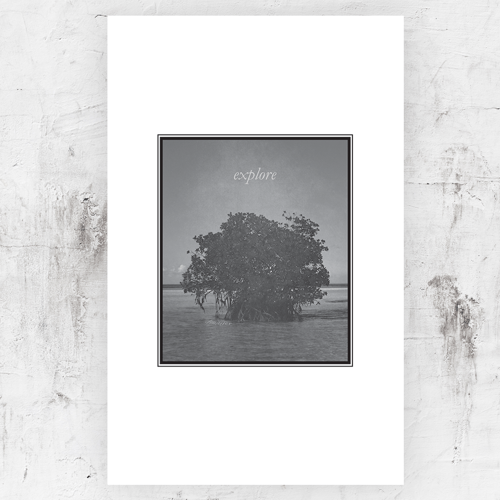 Black and white print with a tree growing out of the ocean with a word "explore" above in the sky. Personalize this print with your name below the tree in the water.