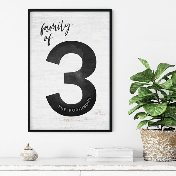 modern farmhouse decor room with a framed Family of 3 personalized print