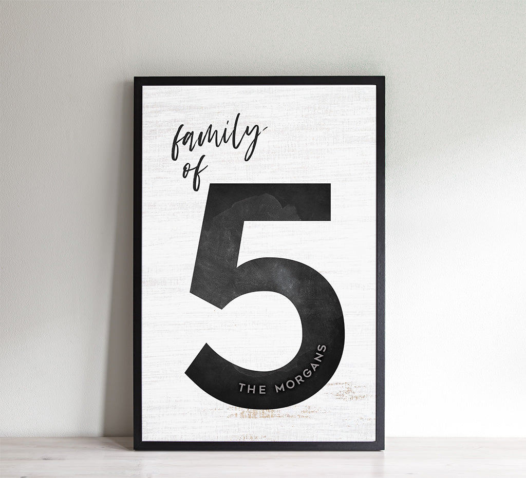 Family of 5 personalized print with a rustic wooden texture