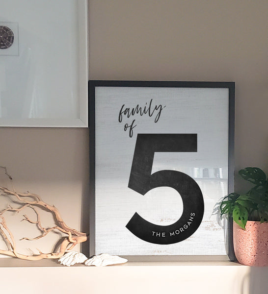 a framed family of 5 personalized print in a boho style home