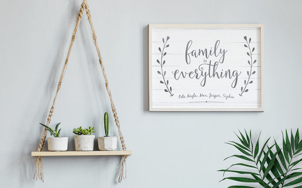 modern, boho home decor with a framed Family Is Everything 2 Personalized Print