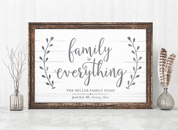 rustic frame and decor with the Family Is Everything personalized print