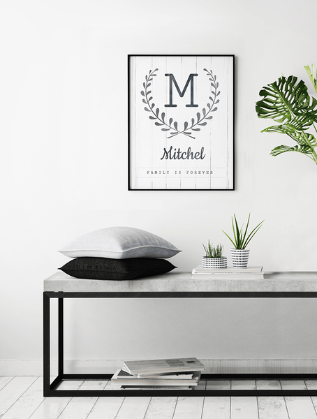 Modern, Nordic style room with Family is Forever personalized print framed on the wall